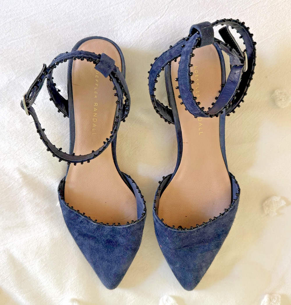 Loeffler Randall Navy Suede D'Orsay Pointed Flats with Ankle Strap & Beading, 7B